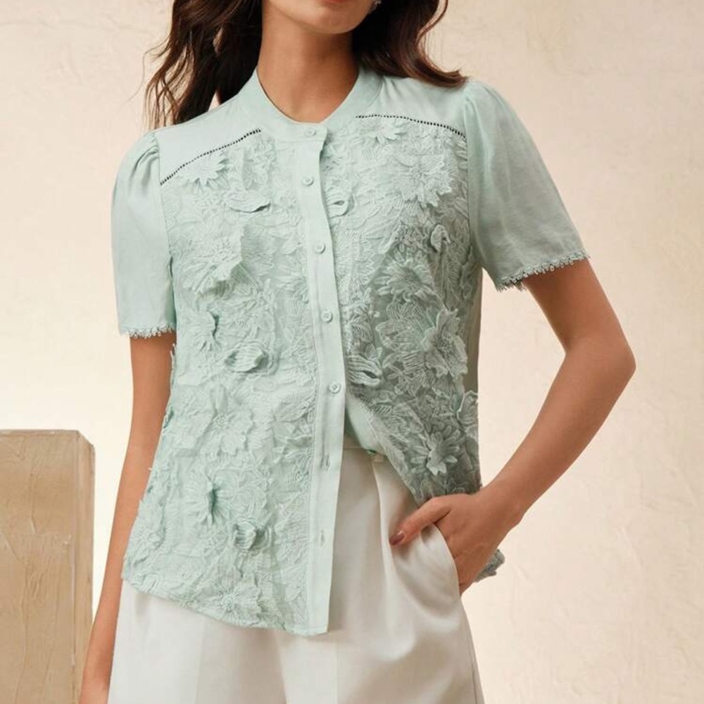 Anewsta Light Green Lace Blouse Short Sleeve Button Front | Size M | NWT